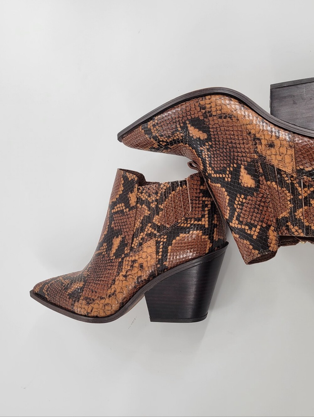Franco Sarto Snake-Print Pointed Ankle Booties in Brown Size 8